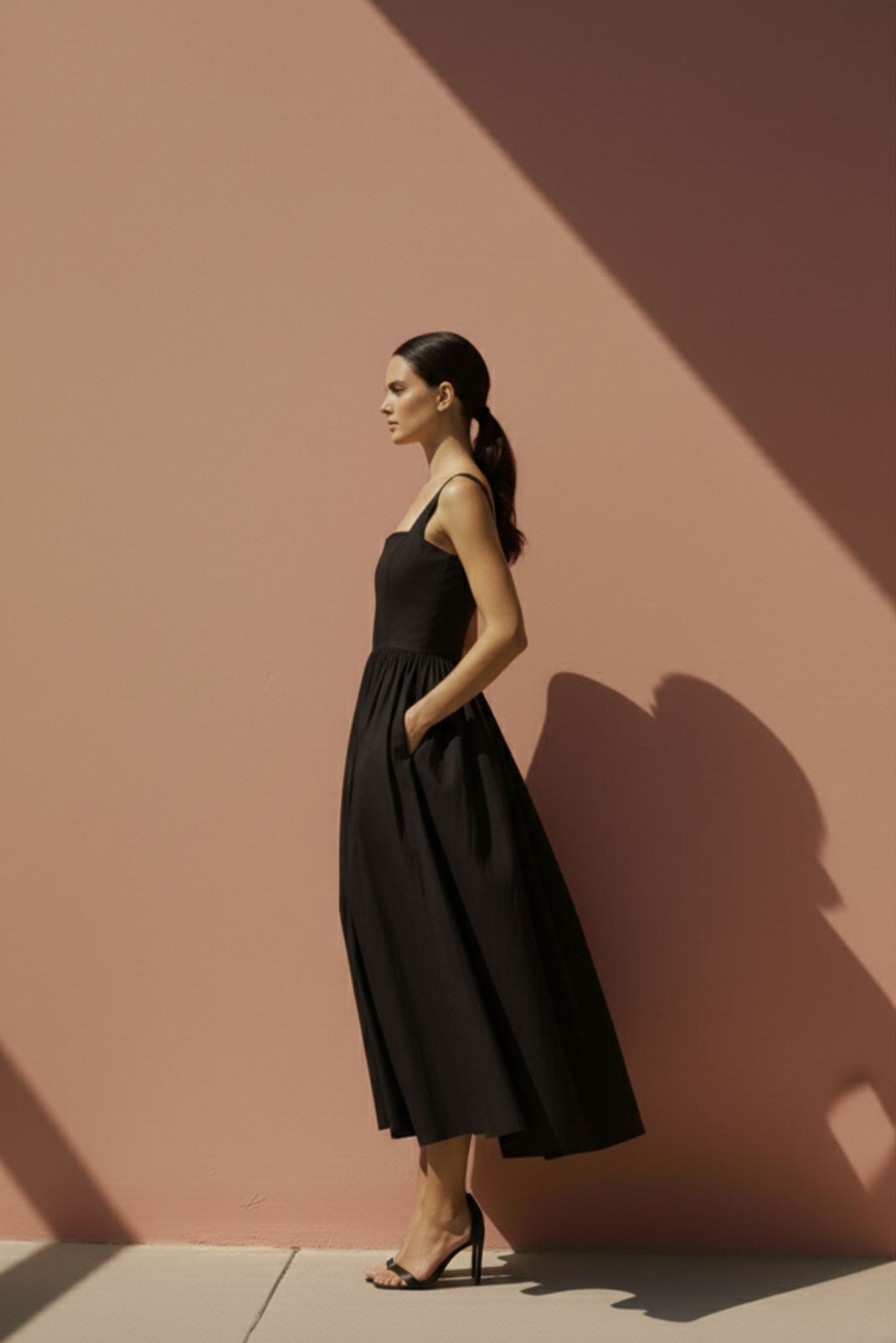 Noir Black Gathered-Strap Midi Dress - Anasua