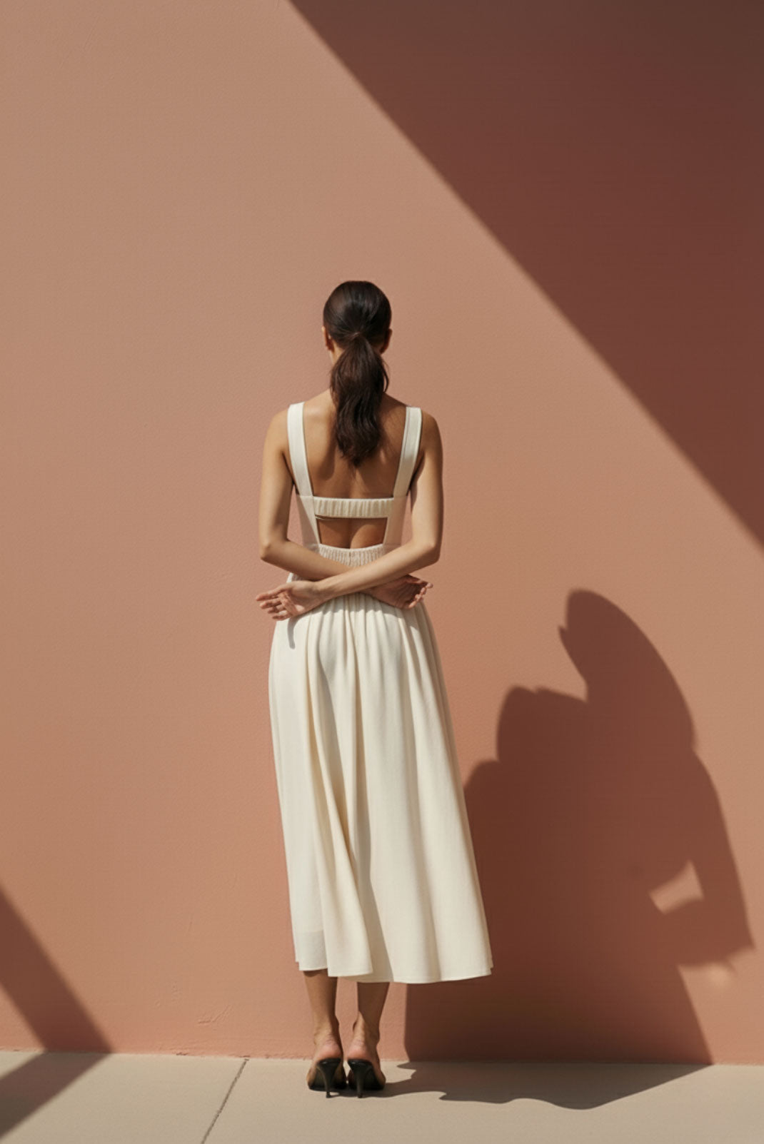 Halo Cream Gathered-Strap Midi Dress - Anasua