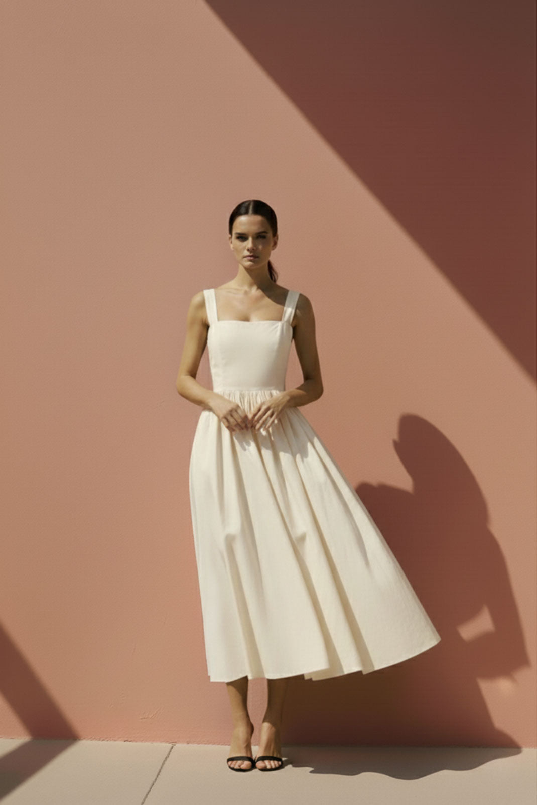 Halo Cream Gathered-Strap Midi Dress - Anasua
