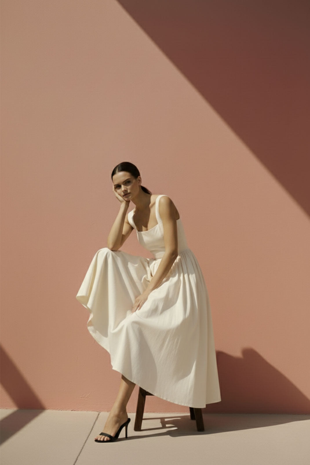 Halo Cream Gathered-Strap Midi Dress - Anasua