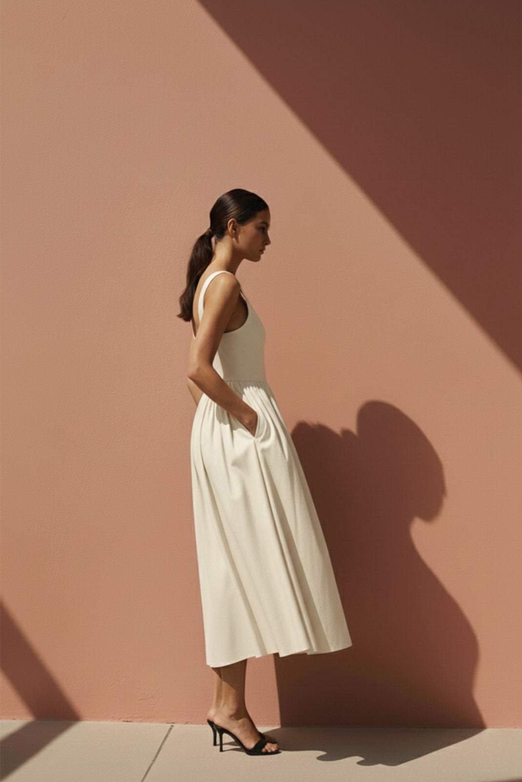Halo Cream Gathered-Strap Midi Dress - Anasua