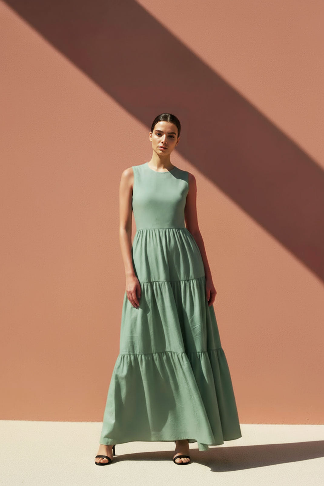 Sage Green High-Neck Tiered Maxi Dress