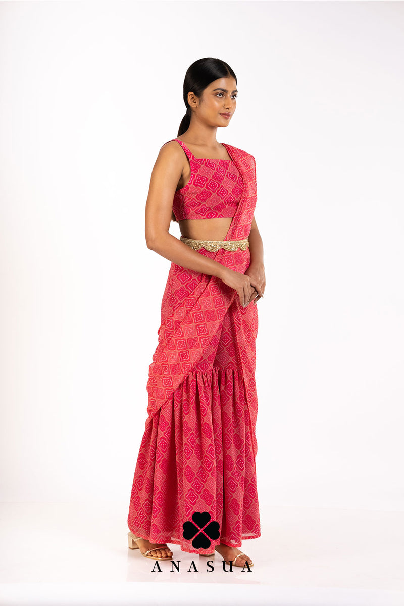 Pink Bandhani Sharara Saree Pant Set | Anasua