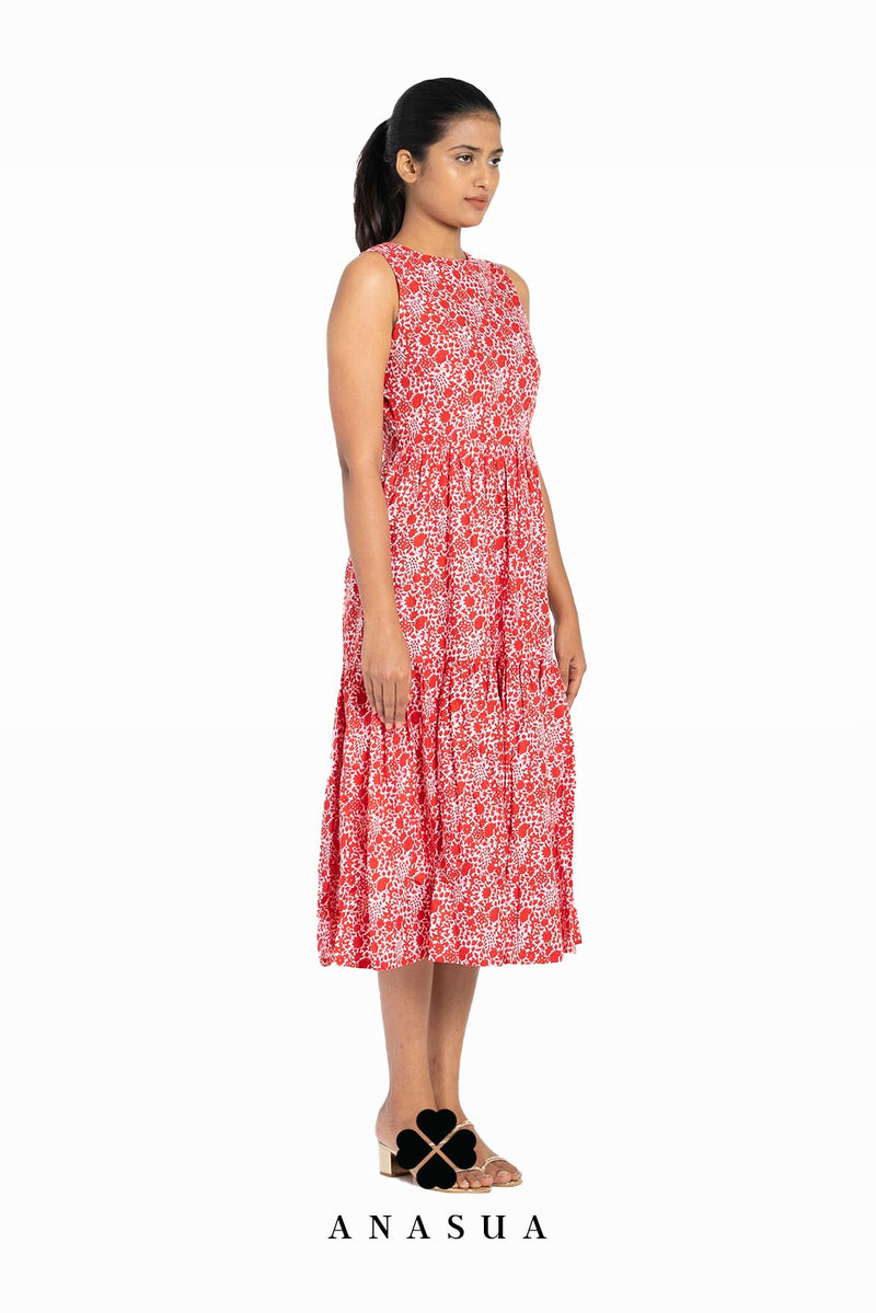 Red Tiered Midi Sundress with Floral Print | Anasua