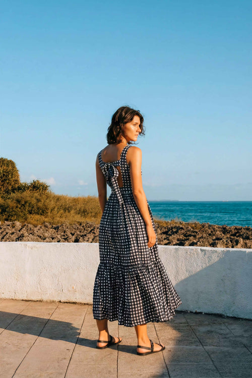 Black Gingham Positano Midi Dress
