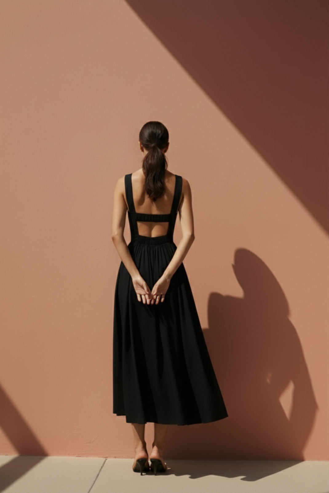 Noir Black Gathered-Strap Midi Dress