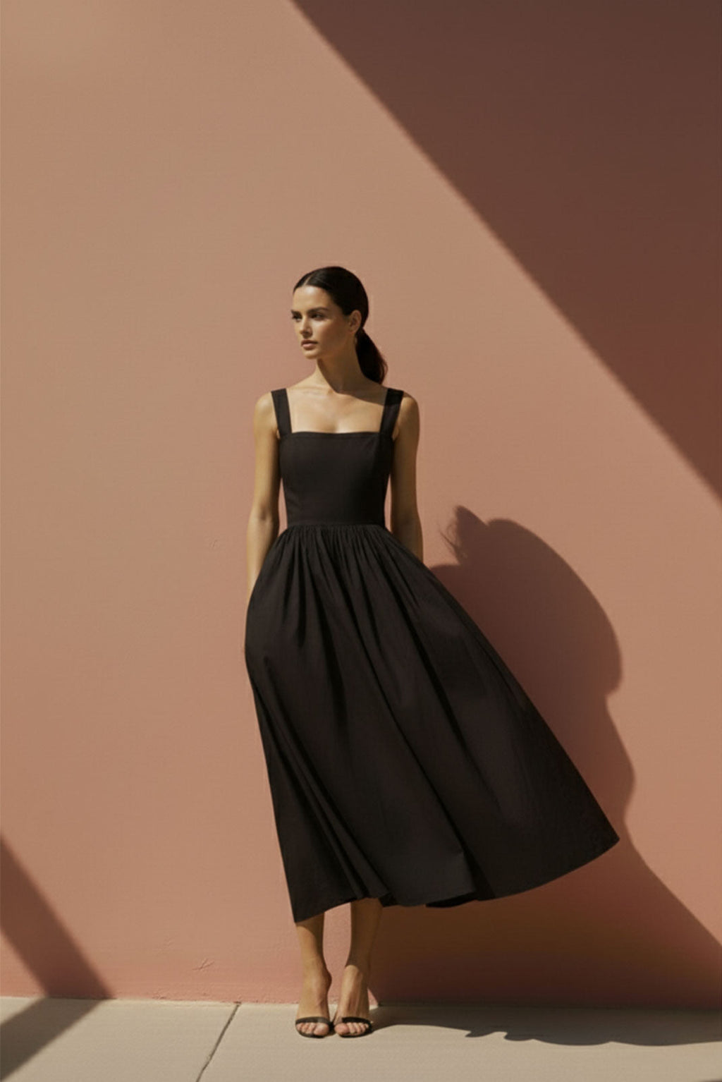 Noir Black Gathered-Strap Midi Dress