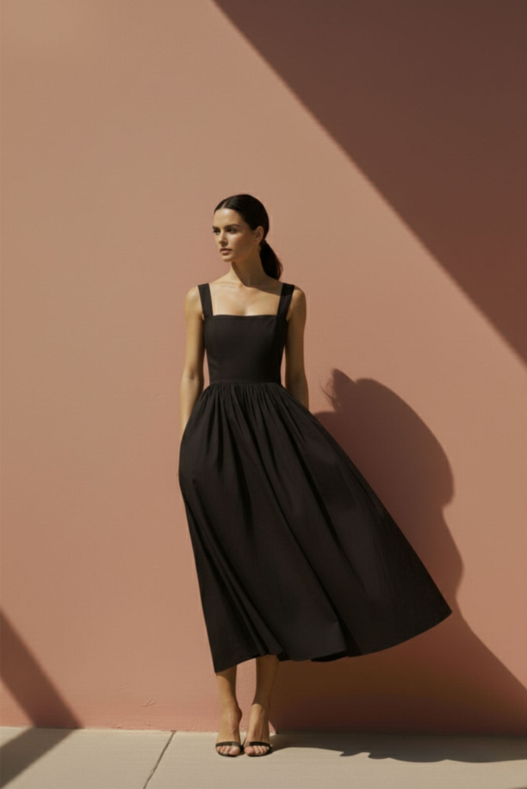 Noir Black Gathered-Strap Midi Dress