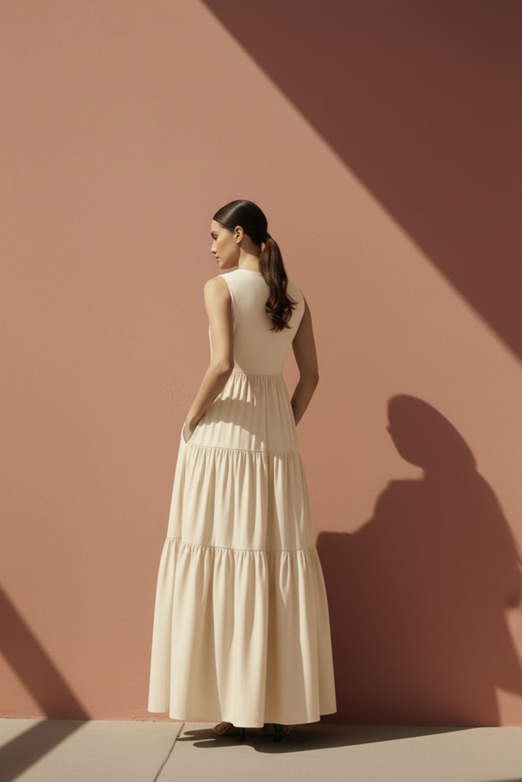 Halo Cream High-Neck Tiered Maxi Dress
