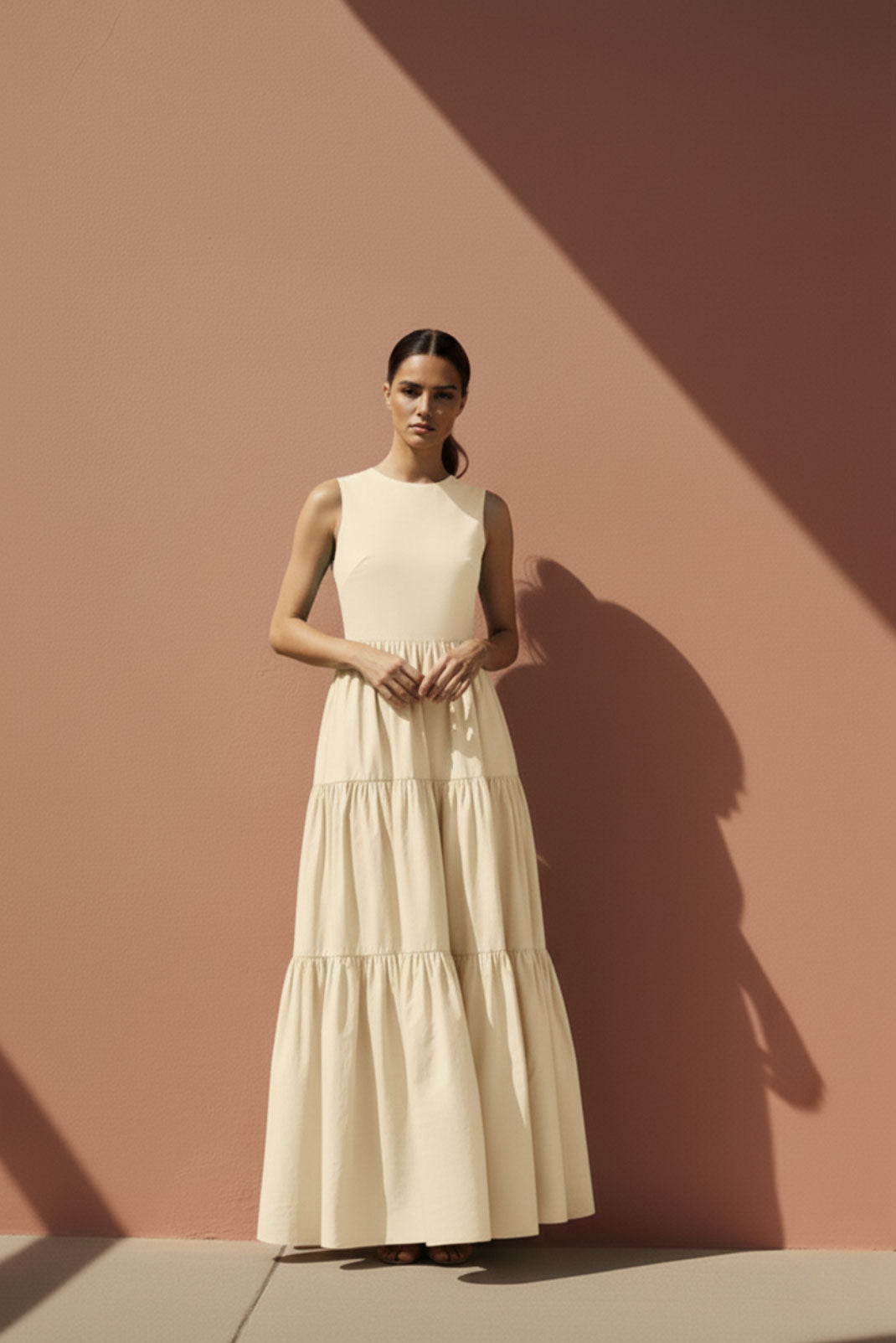 Halo Cream High-Neck Tiered Maxi Dress
