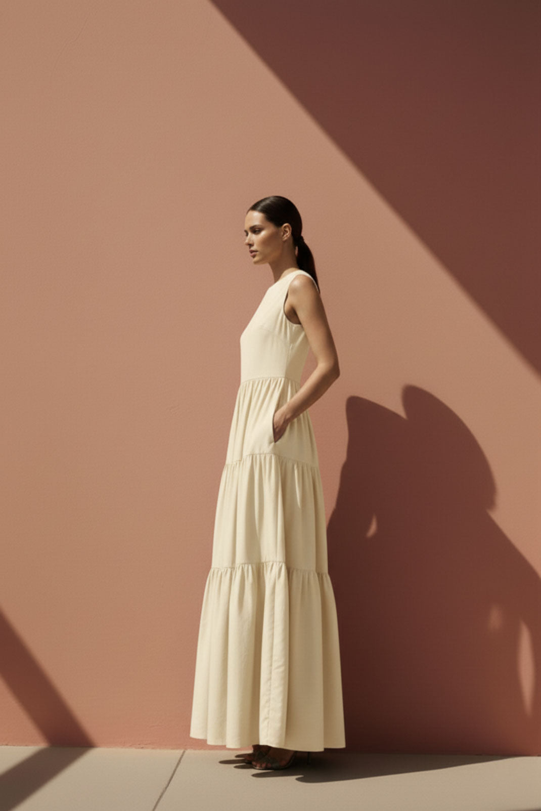 Halo Cream High-Neck Tiered Maxi Dress
