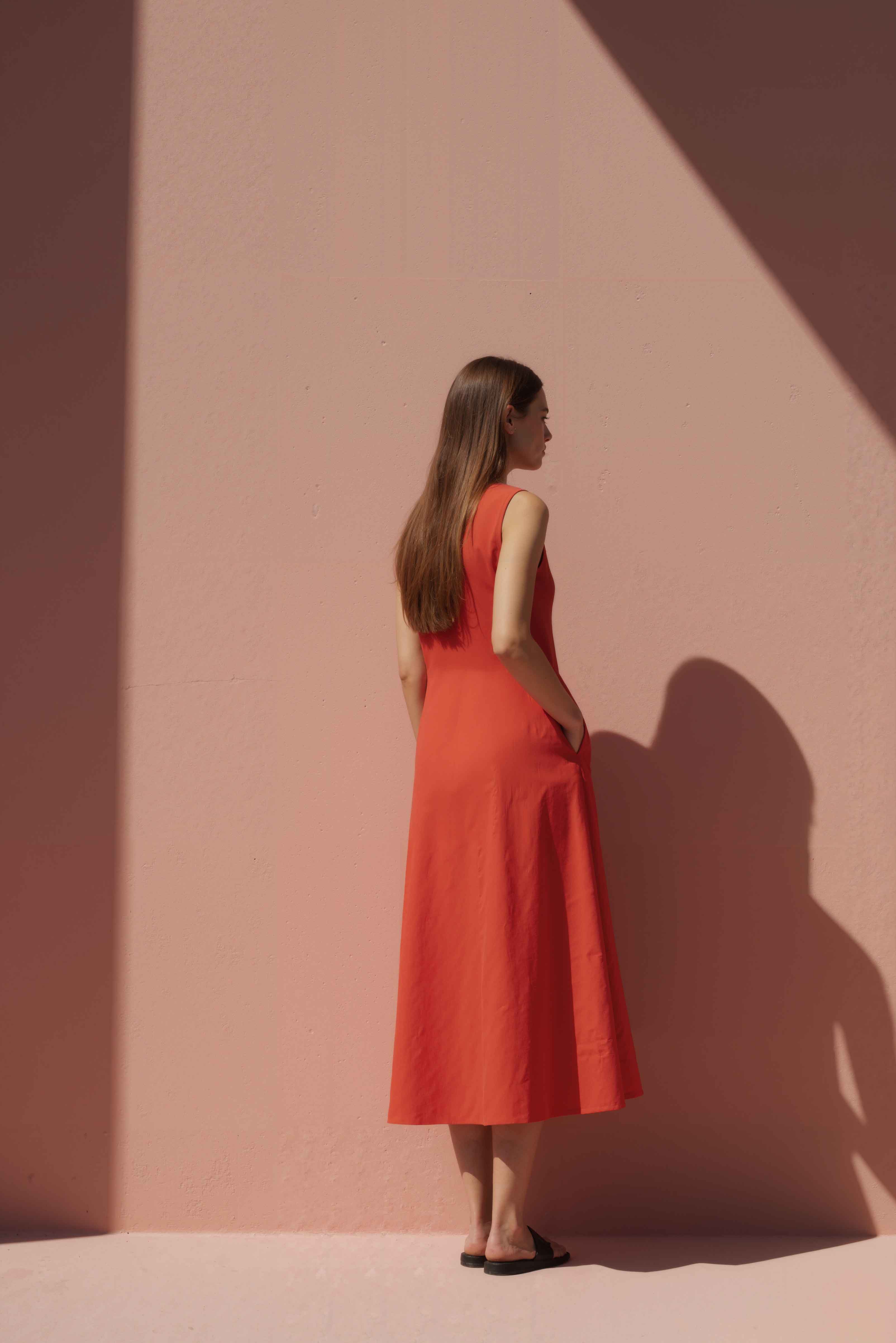 Sienna Red A-Line Shift Midi Dress - Anasua 