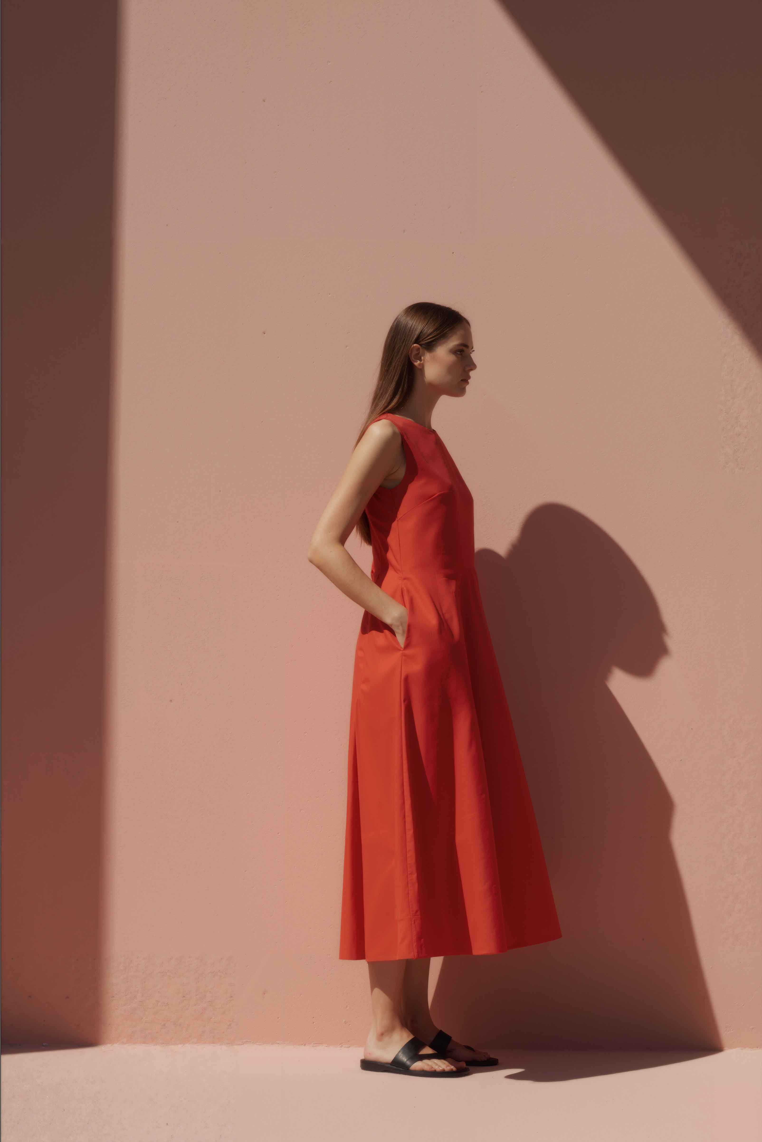 Sienna Red A-Line Shift Midi Dress - Anasua 