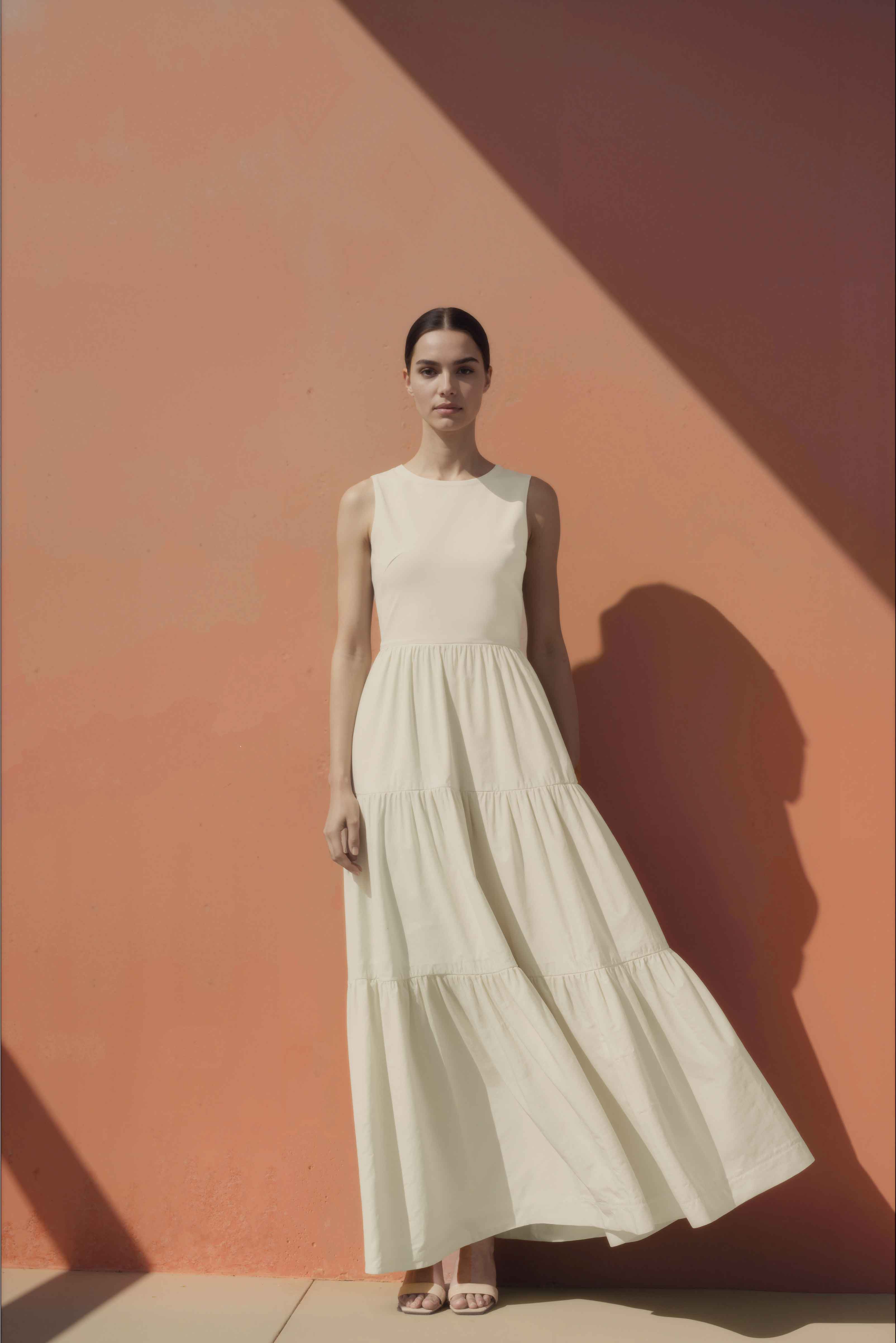 Woman in a white cotton maxi dress standing against a pink wall.