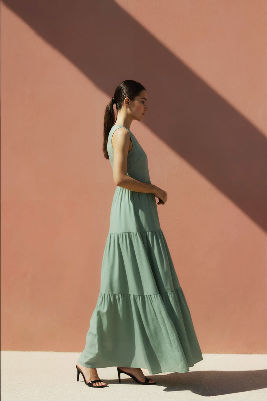 Sage Green High-Neck Tiered Maxi Dress