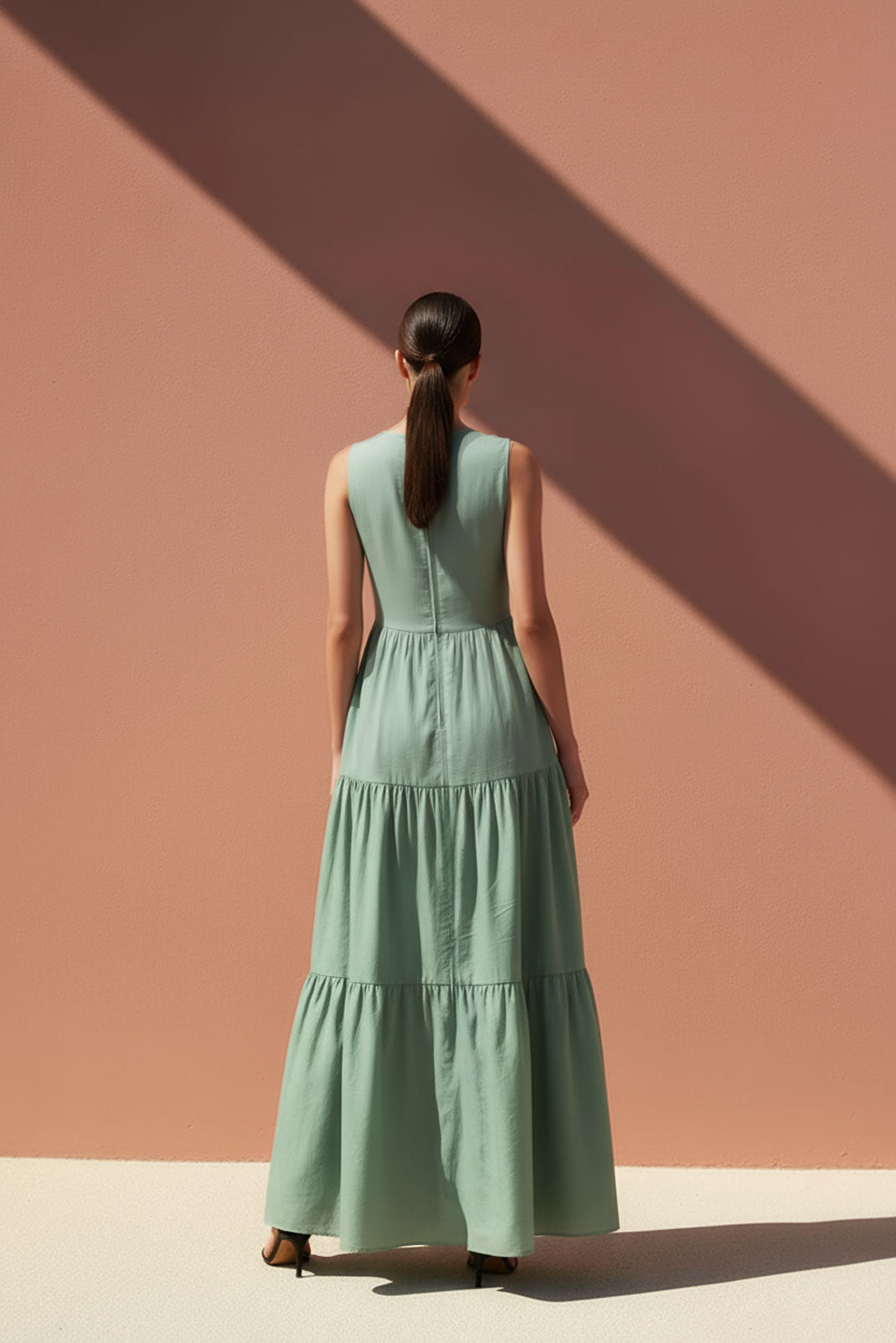 Sage Green High-Neck Tiered Maxi Dress
