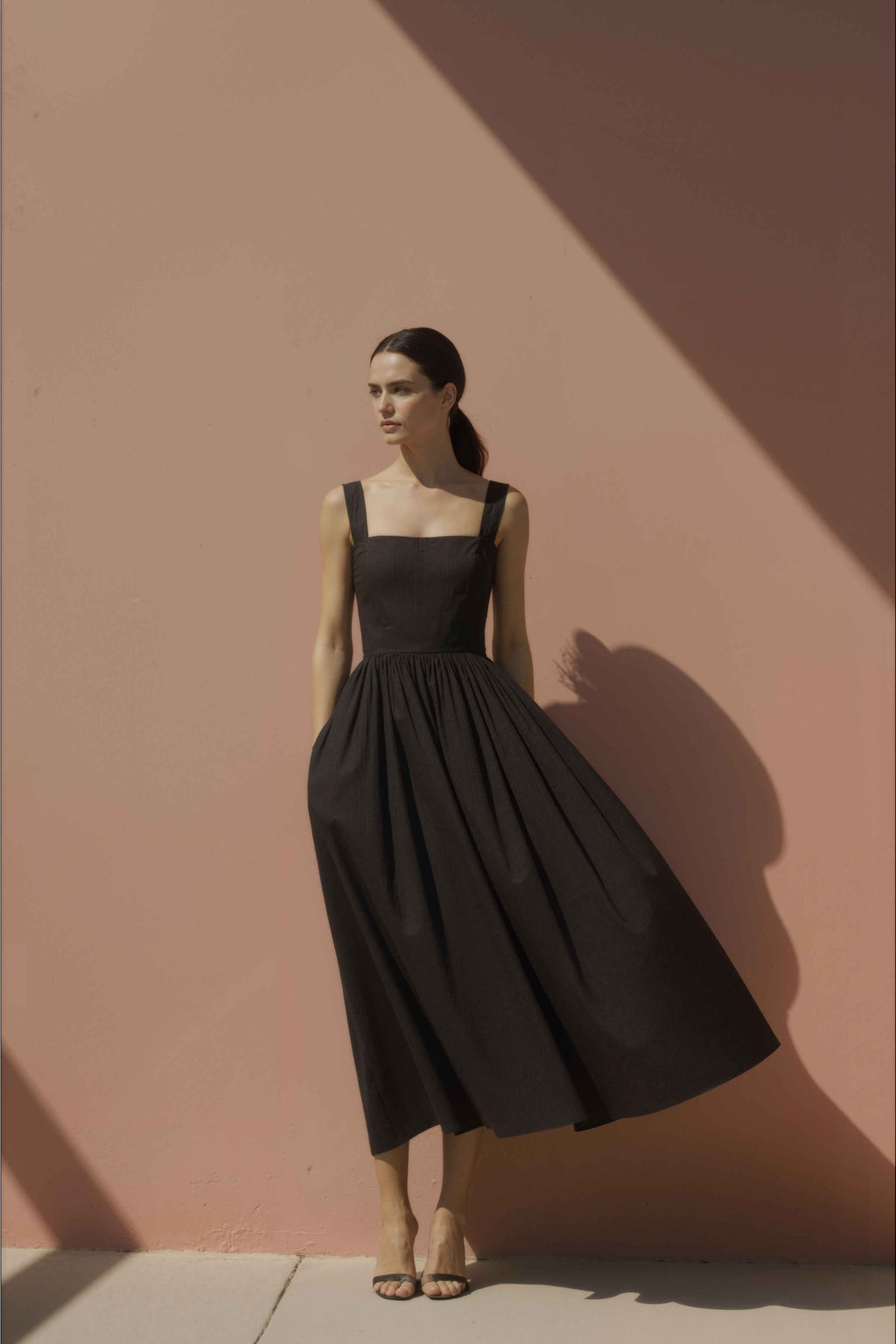 Women in Noir Black Gathered-Strap Cotton Midi Dress