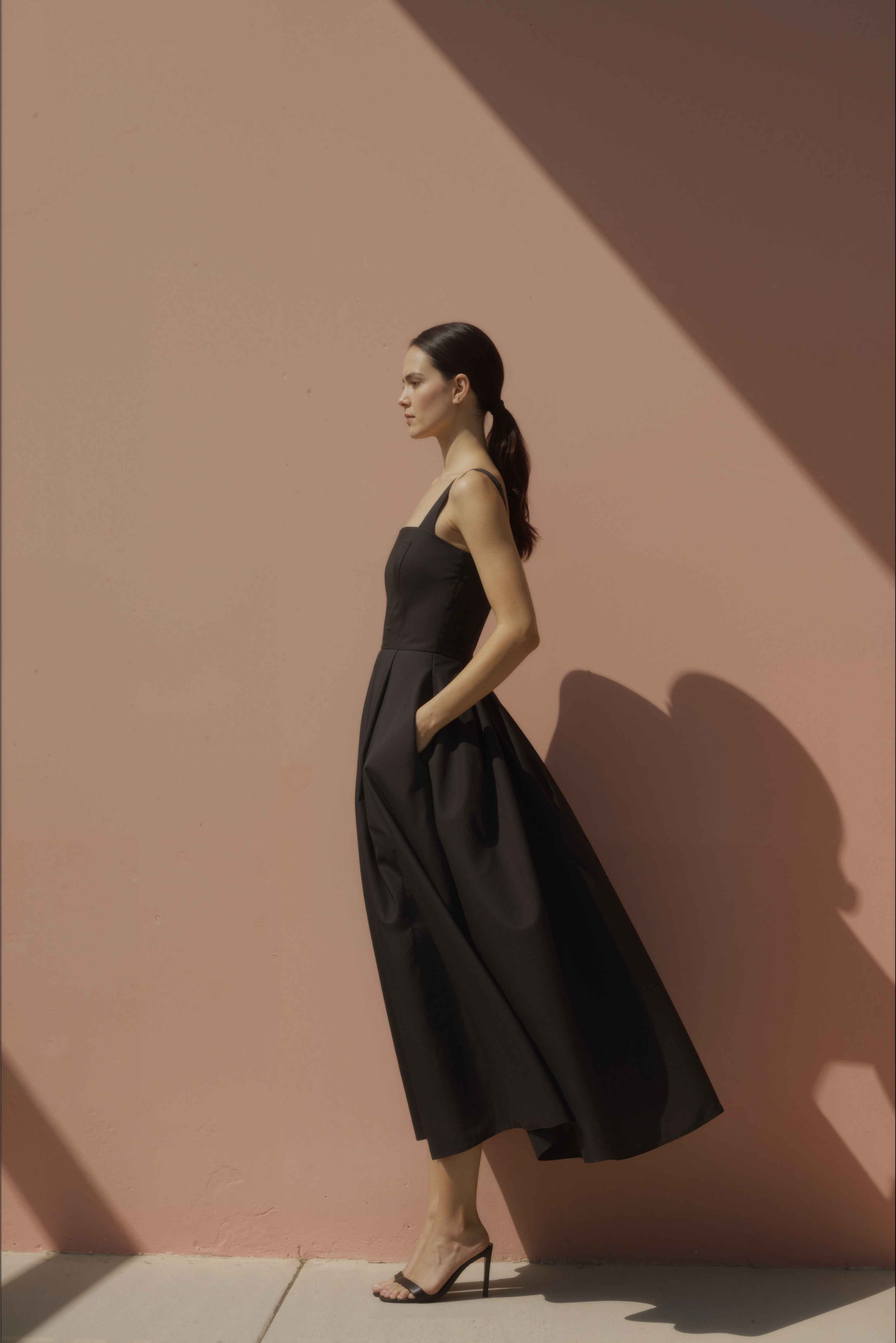 Women in Noir Black Gathered-Strap Cotton Midi Dress