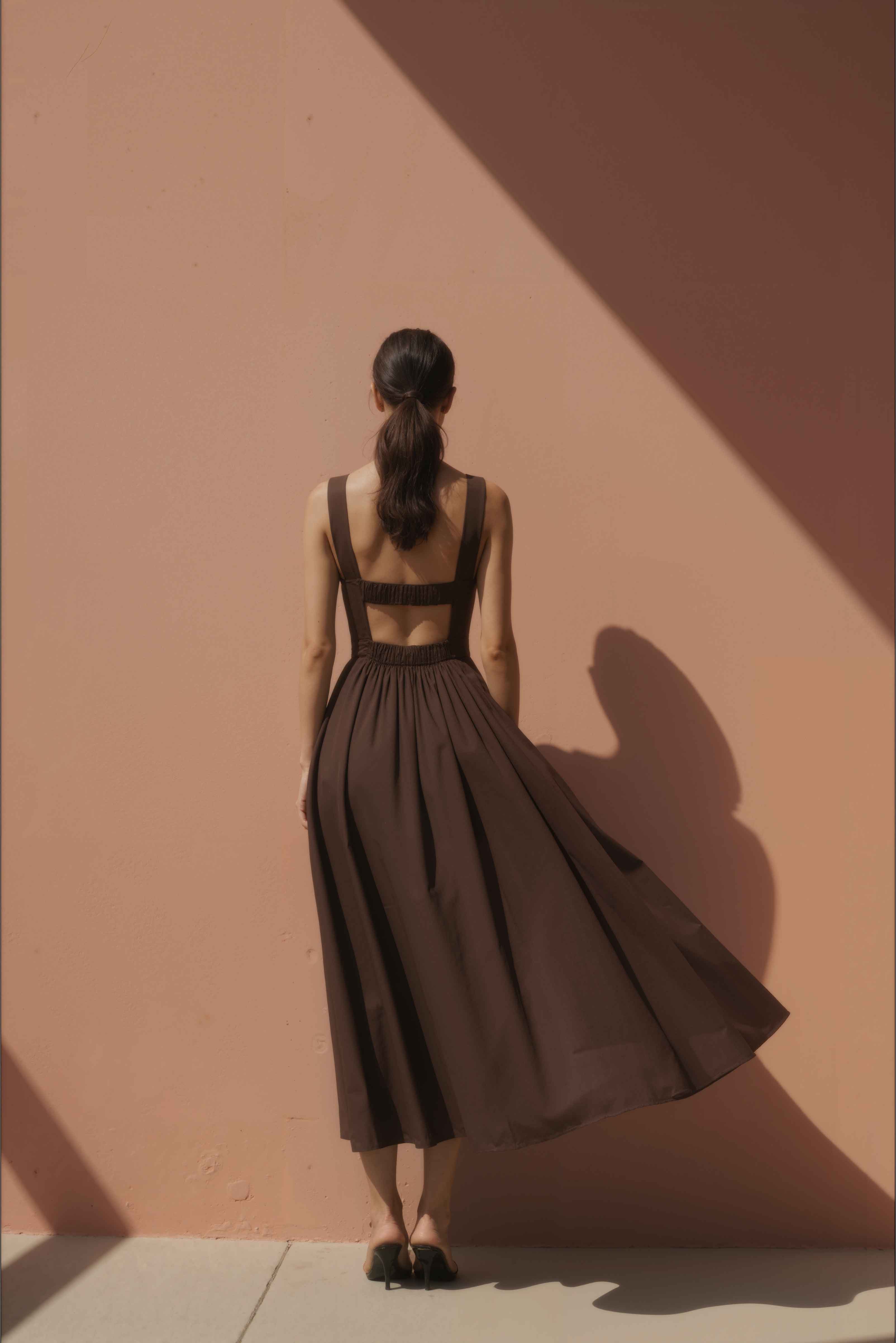 Women in Umber Brown Gathered-Strap Cotton Midi Dress