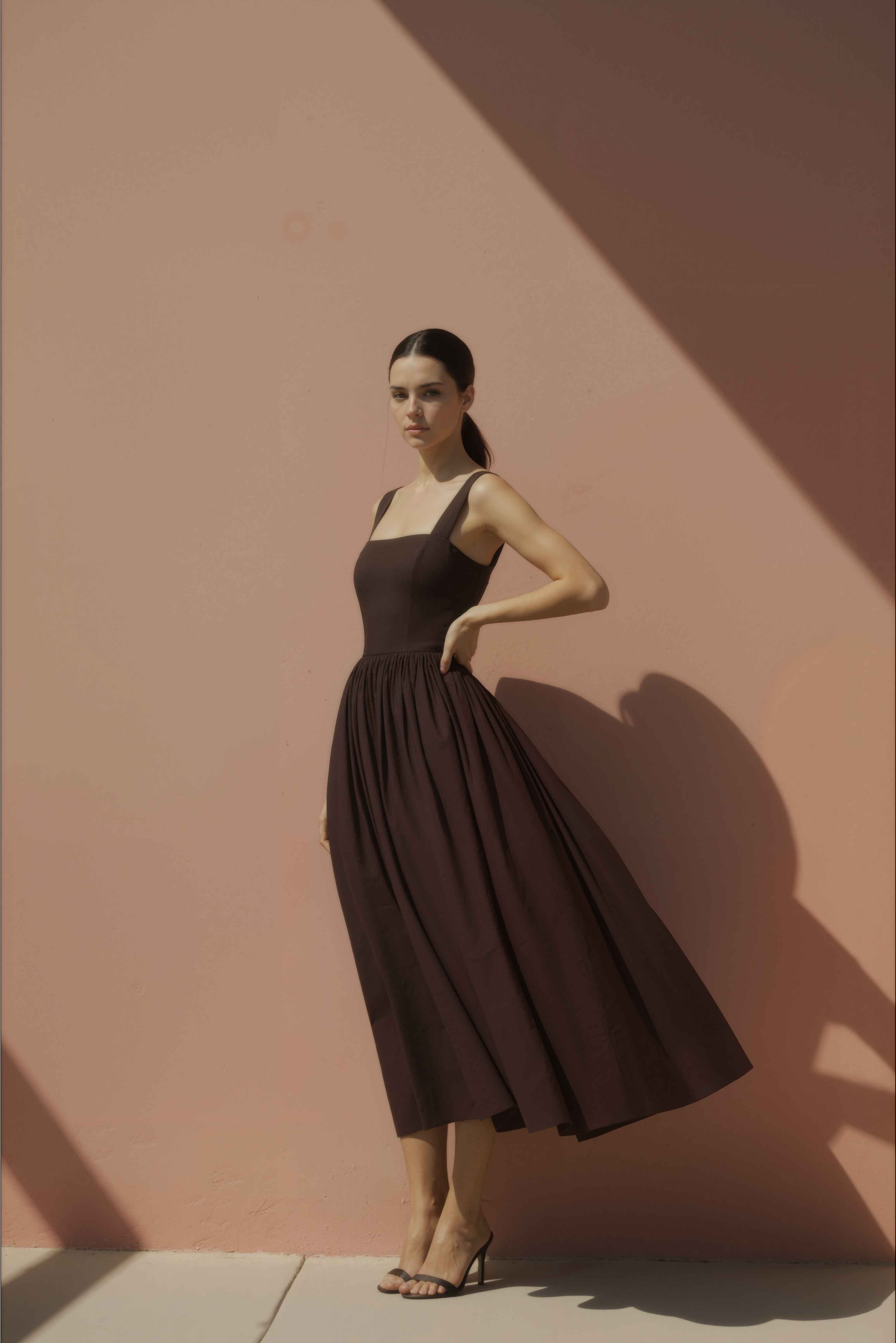 Women in Umber Brown Gathered-Strap Cotton Midi Dress