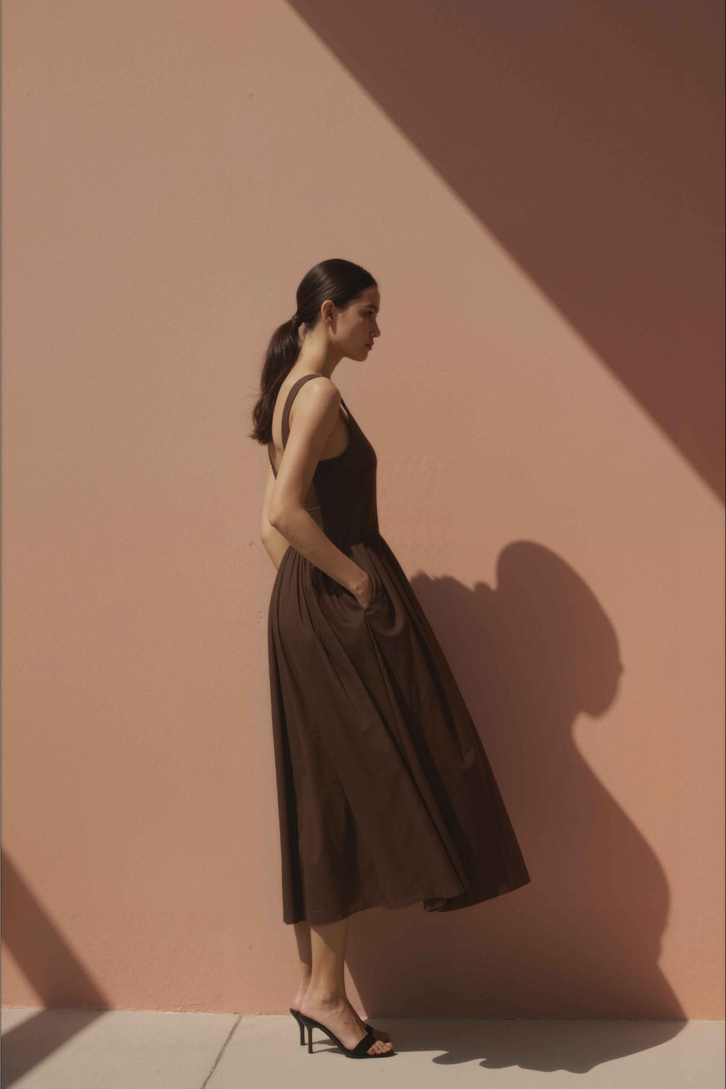 Women in Umber Brown Gathered-Strap Cotton Midi Dress