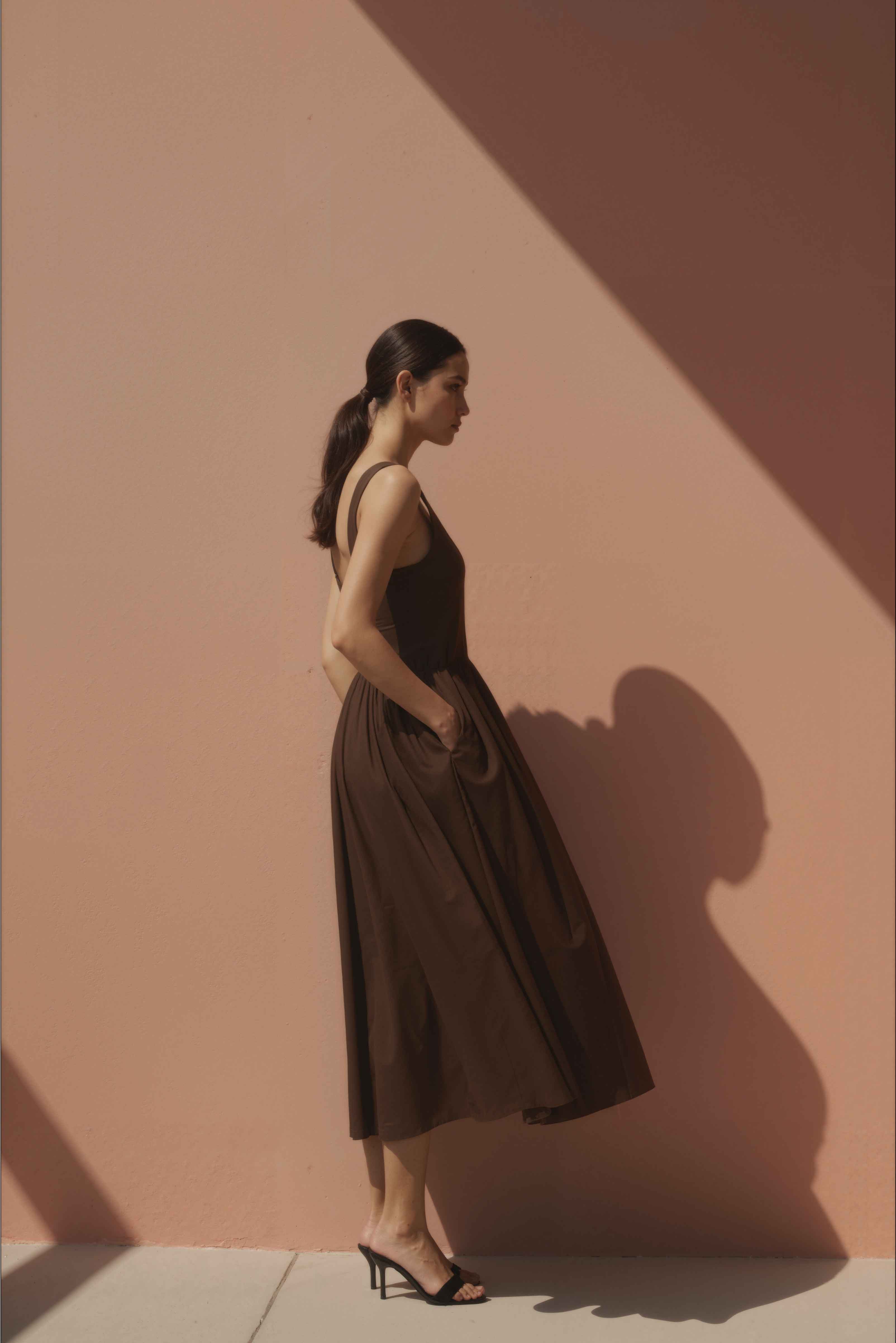 Women in Umber Brown Gathered-Strap Cotton Midi Dress