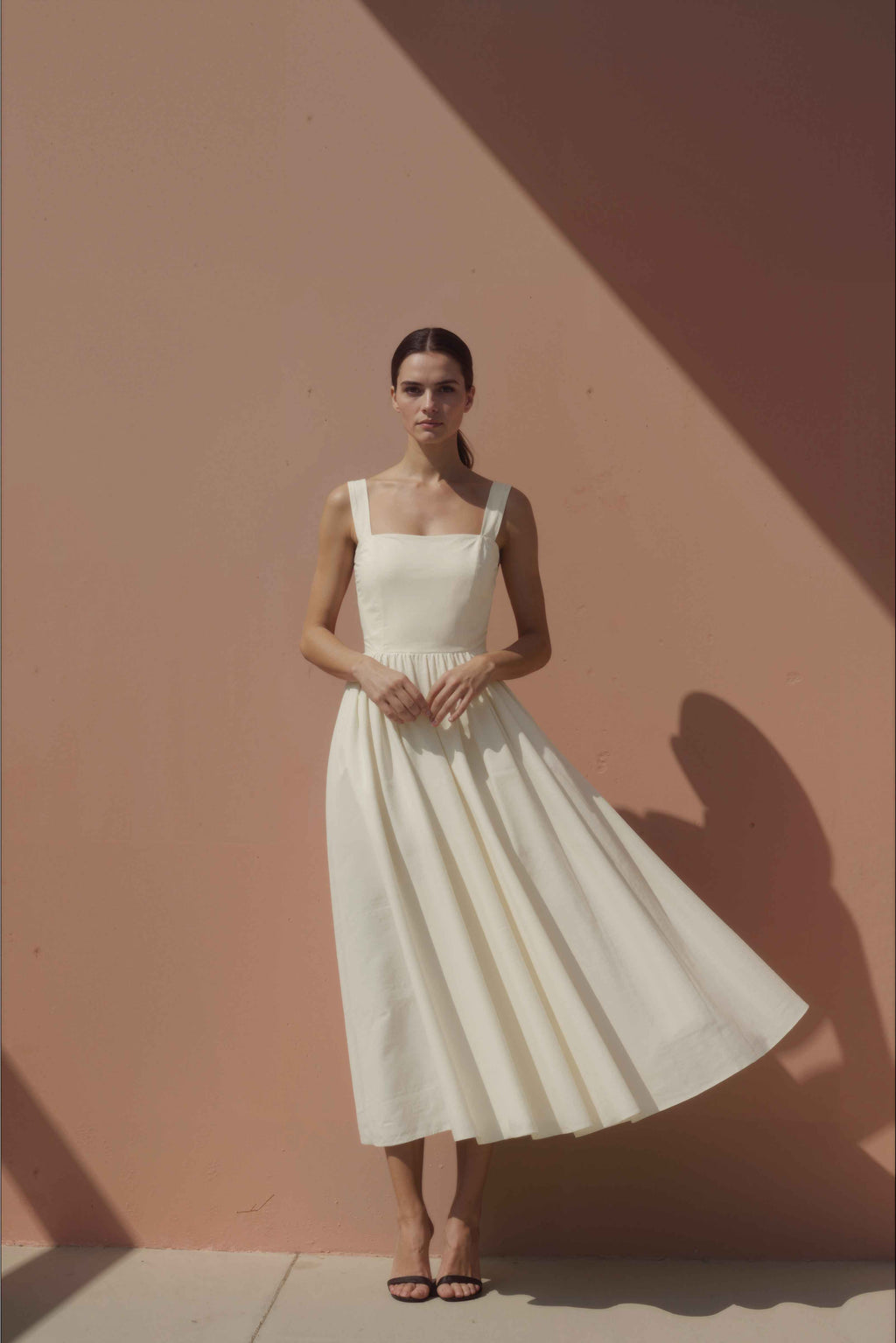 Women in Halo Cream Gathered-Strap Cotton Midi Dress