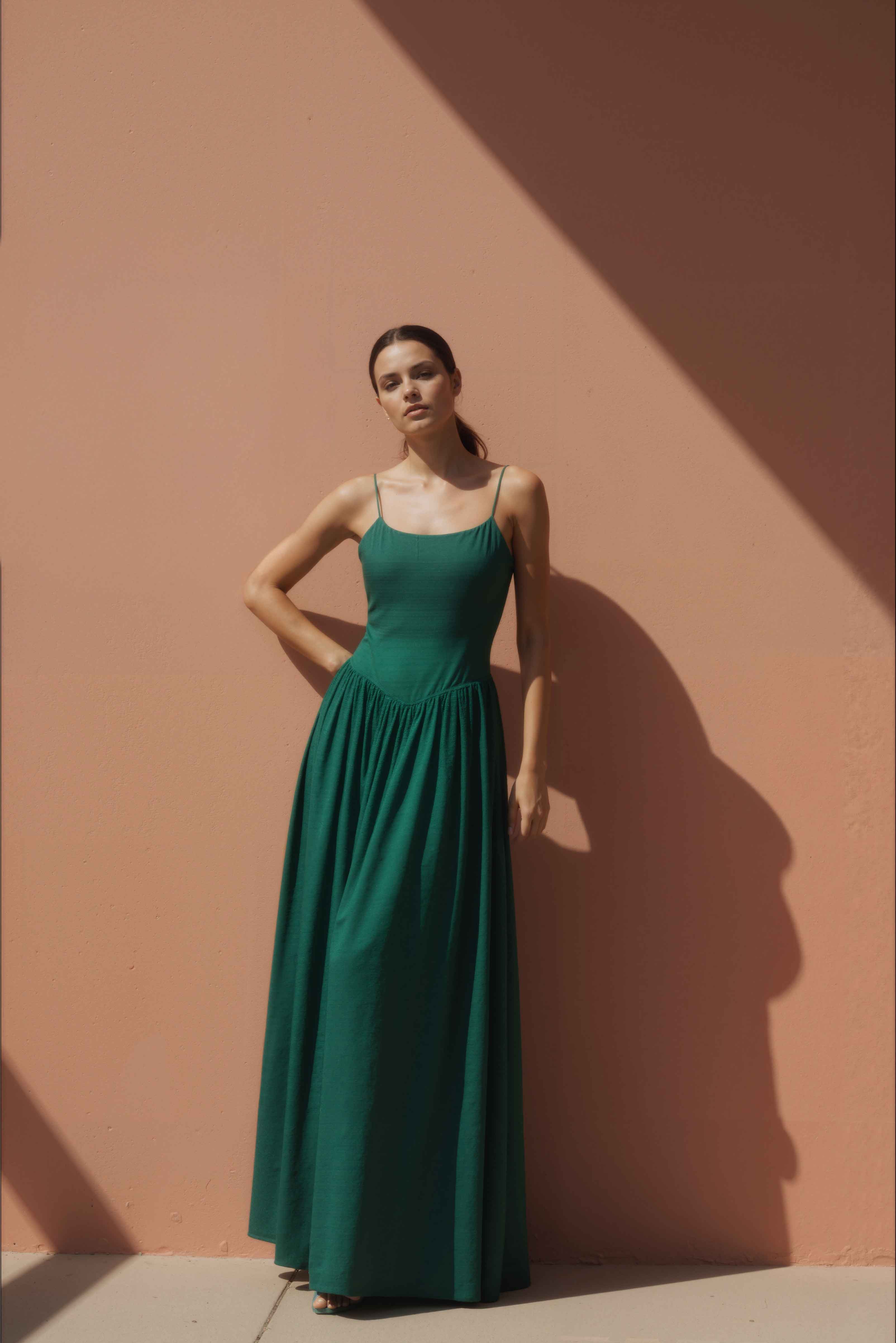 Women in Verdant Green Drop-Waist Maxi Dress