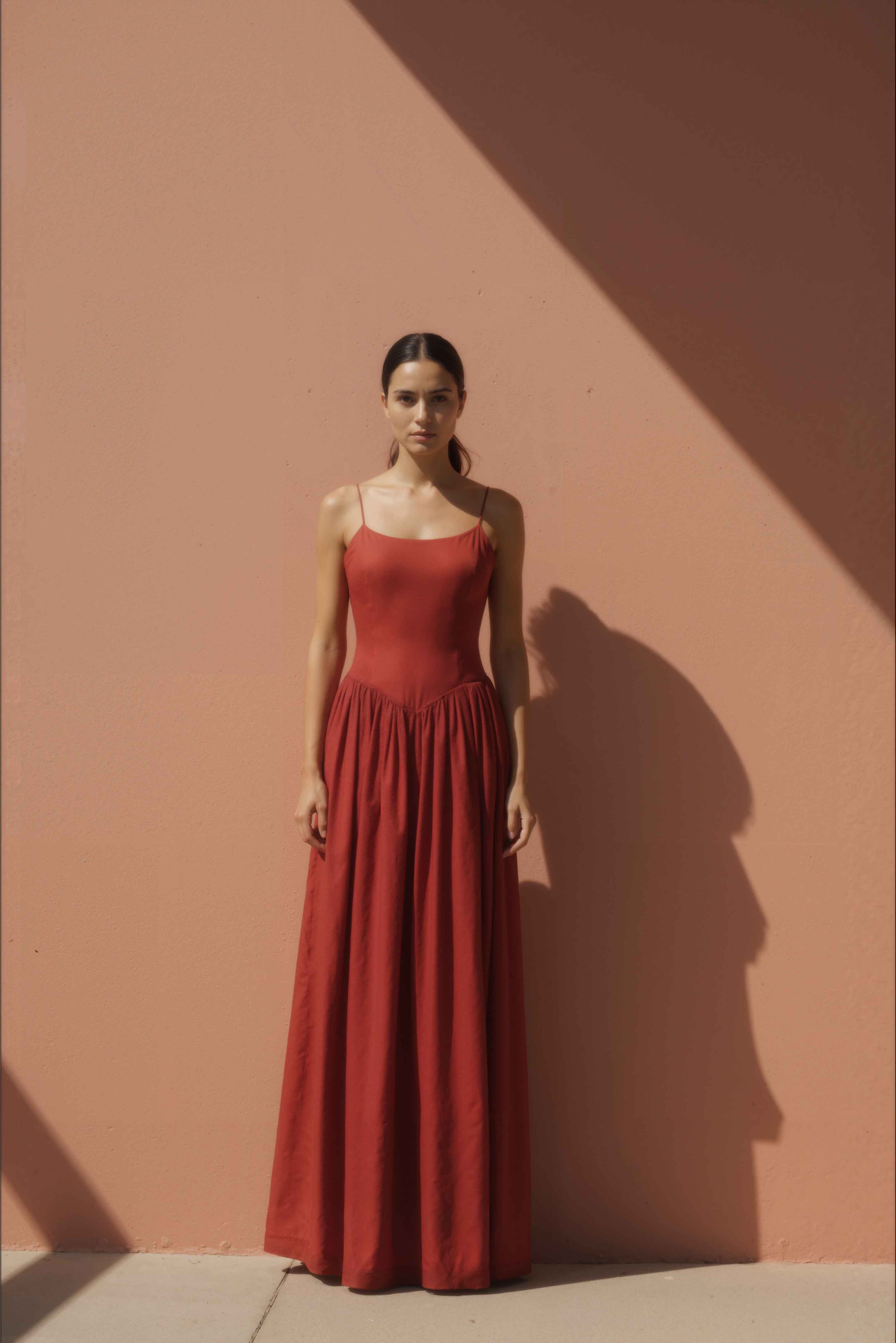 Woman in Sienna Red Drop-Waist Maxi Dress standing against a peach-colored wall