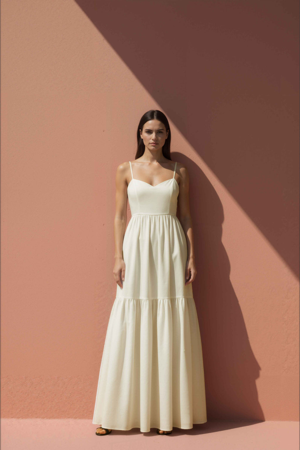 Woman wearing a white cotton dress against a pink wall