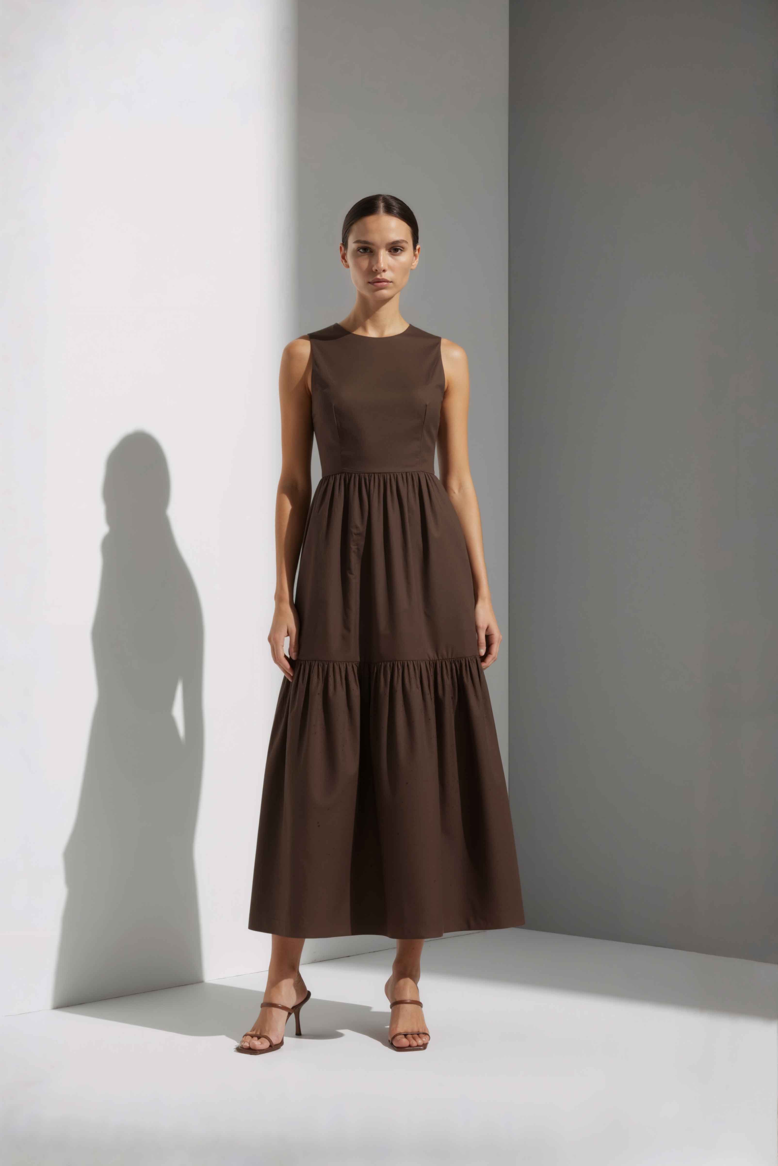 Anasua The Forme Edit Poplin Cotton Midi Dress in Umber Brown, a structured sleeveless cotton midi dress with a tiered skirt, photographed under natural sunlight.