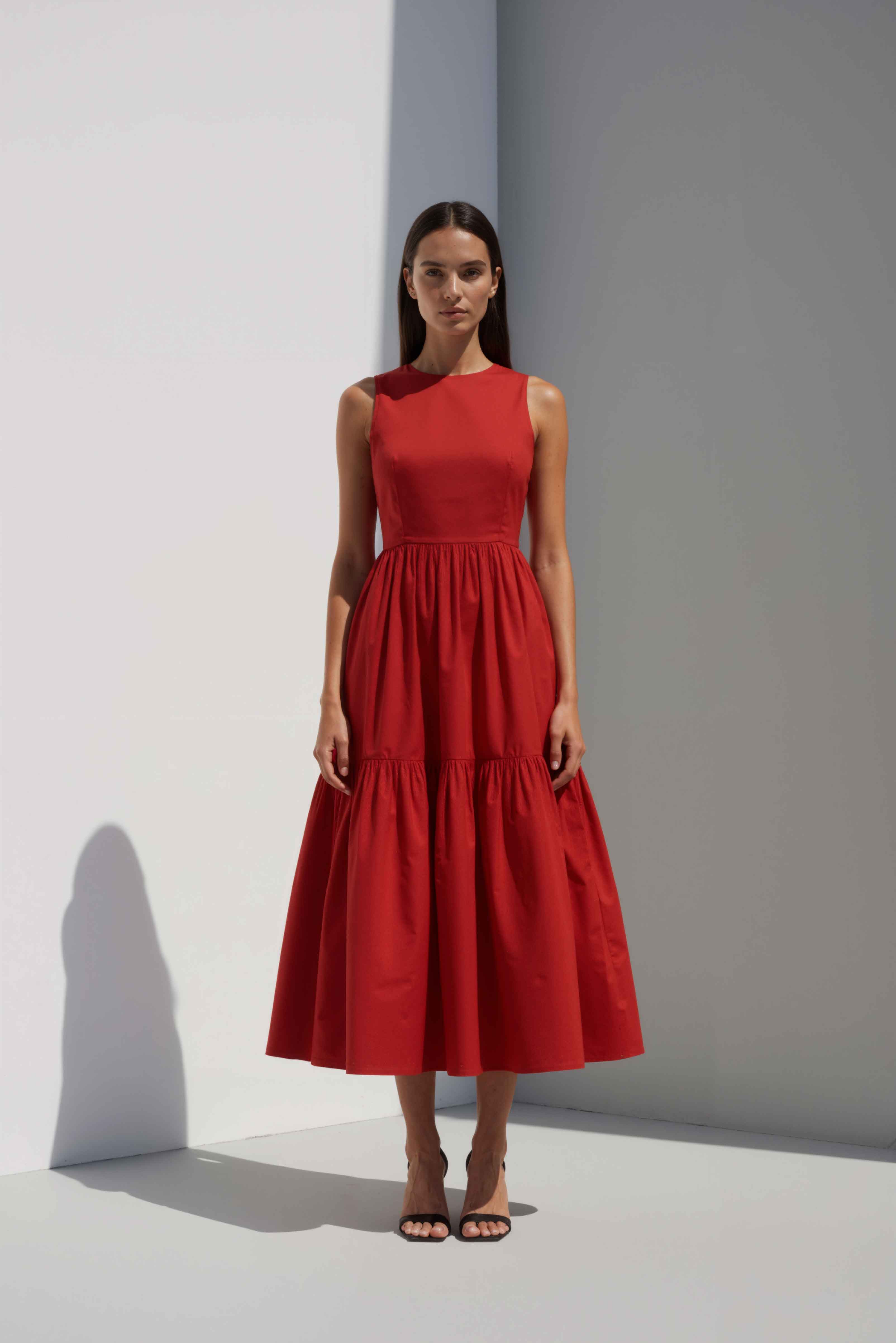 Anasua The Forme Edit Poplin Cotton Midi Dress in Sienna Red, a structured sleeveless cotton midi dress with a tiered skirt, photographed under natural sunlight.