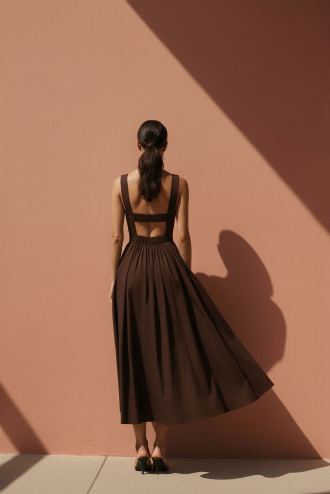 Umber Brown Gathered-Strap Midi Dress
