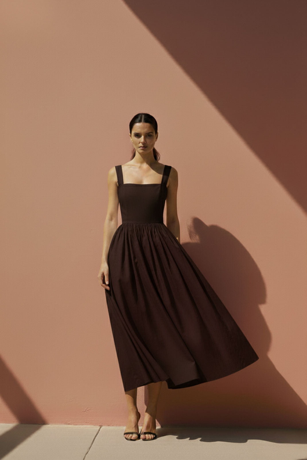 Umber Brown Gathered-Strap Midi Dress