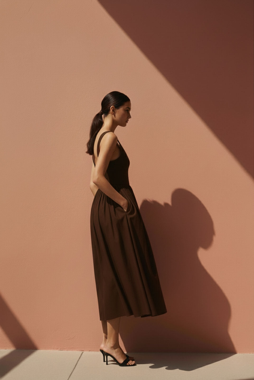 Umber Brown Gathered-Strap Midi Dress