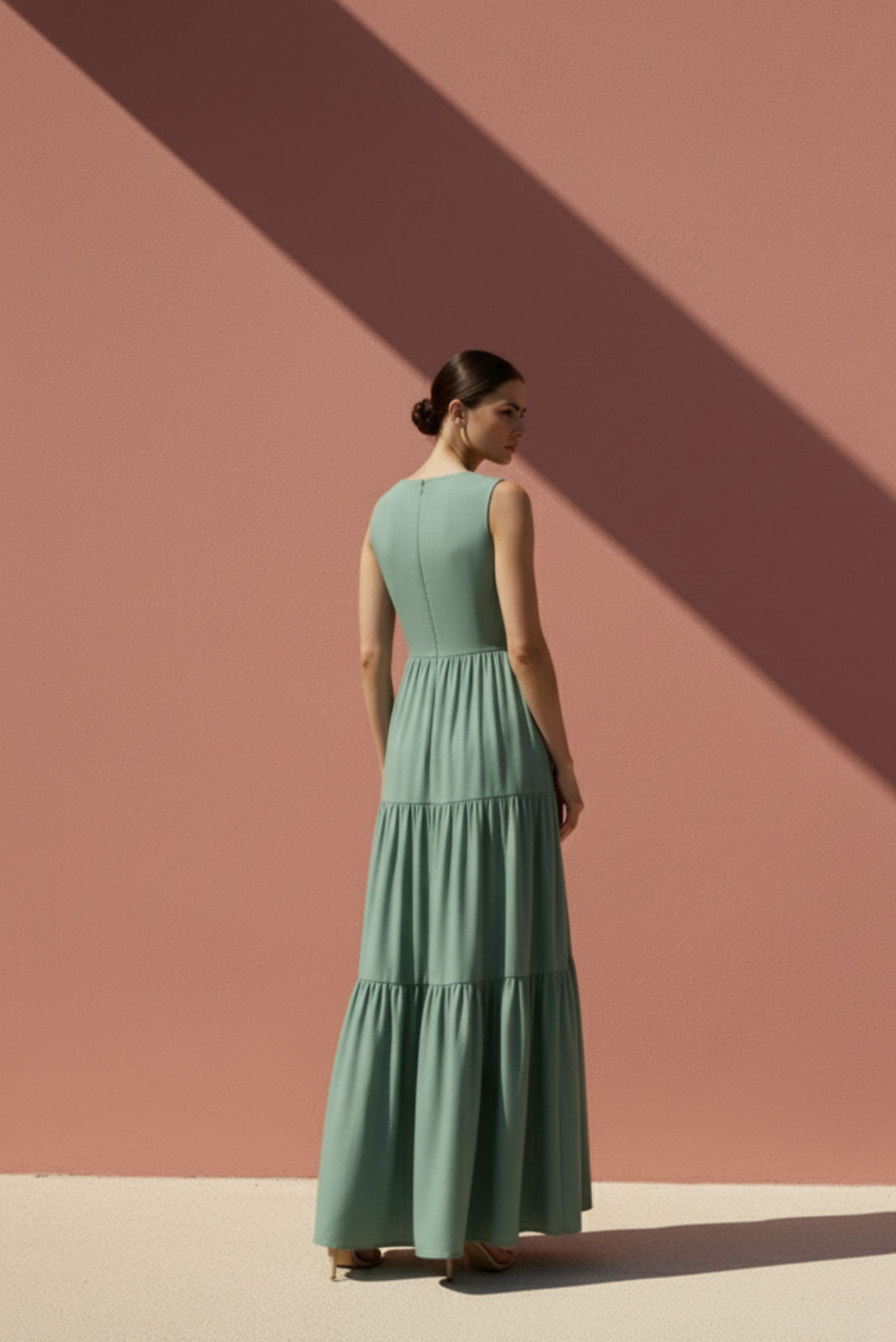 Sage Green High-Neck Tiered Maxi Dress