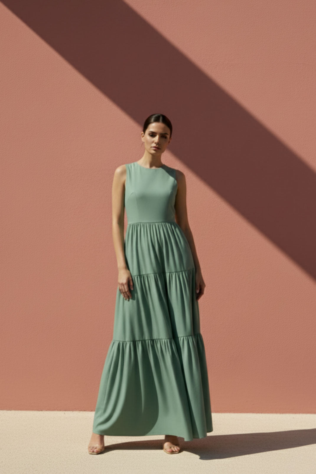 Sage Green High-Neck Tiered Maxi Dress