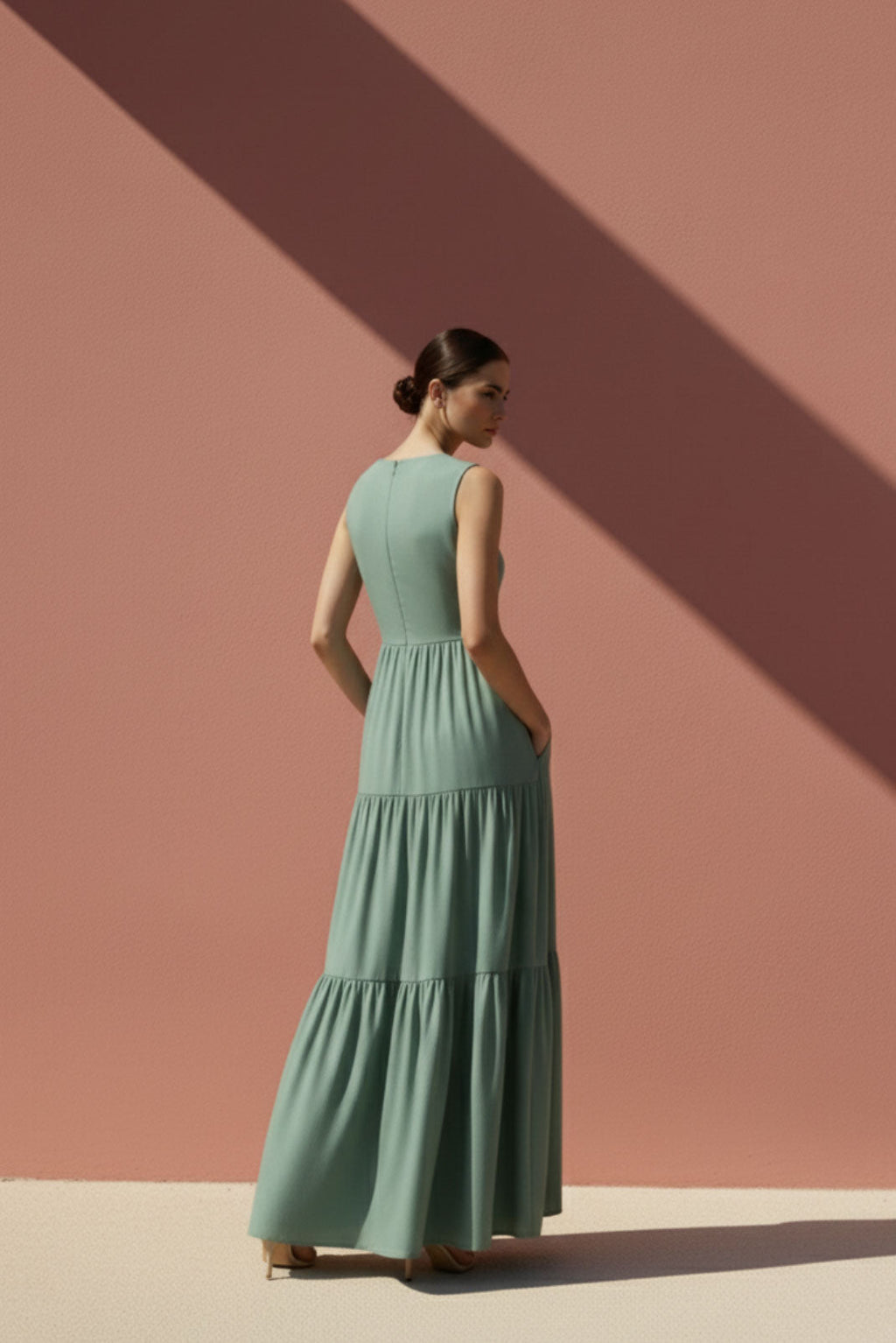 Sage Green High-Neck Tiered Maxi Dress