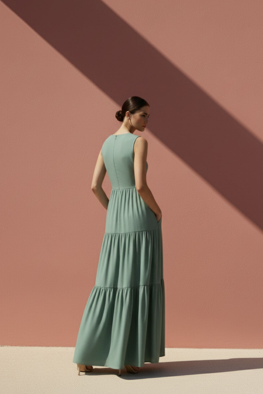 Sage Green High-Neck Tiered Maxi Dress