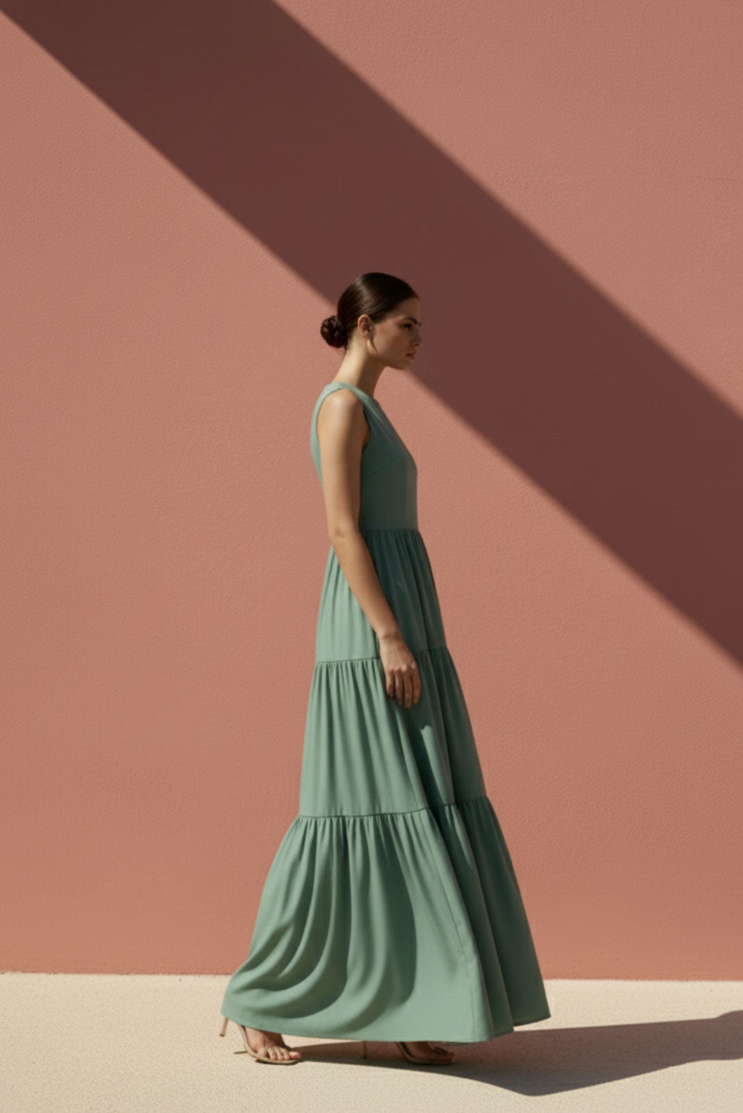 Sage Green High-Neck Tiered Maxi Dress