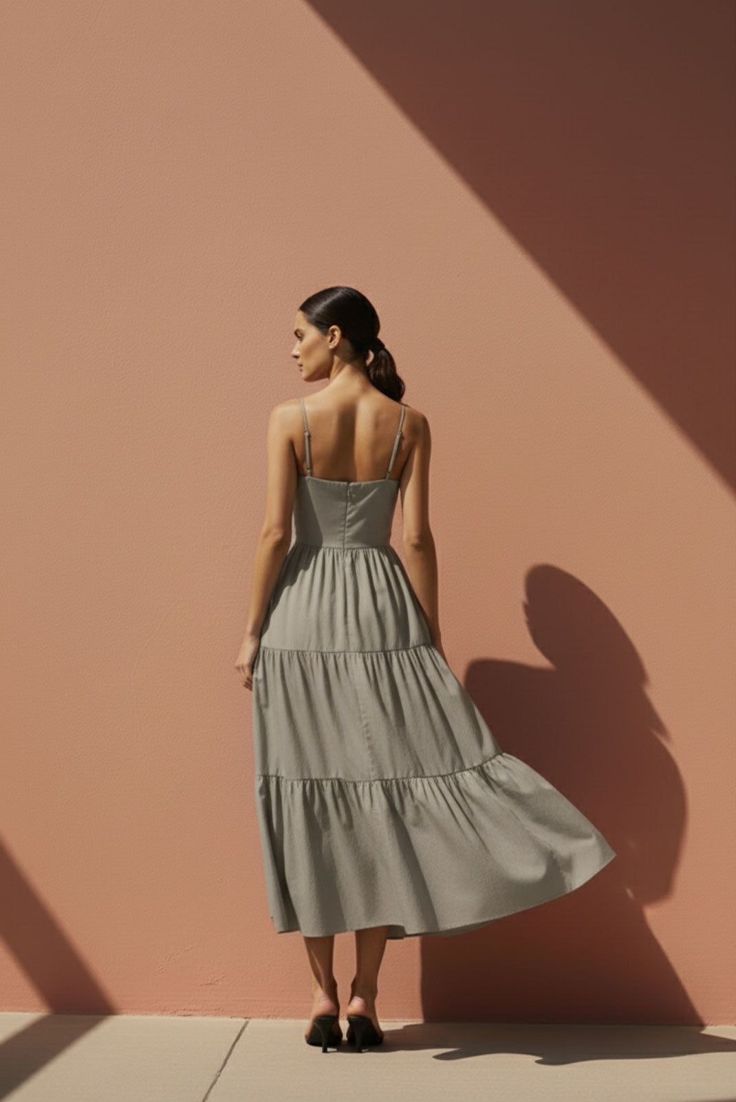 Lumen Sand Tiered Midi Dress