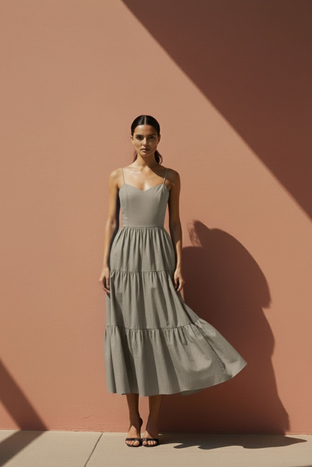Lumen Sand Tiered Midi Dress