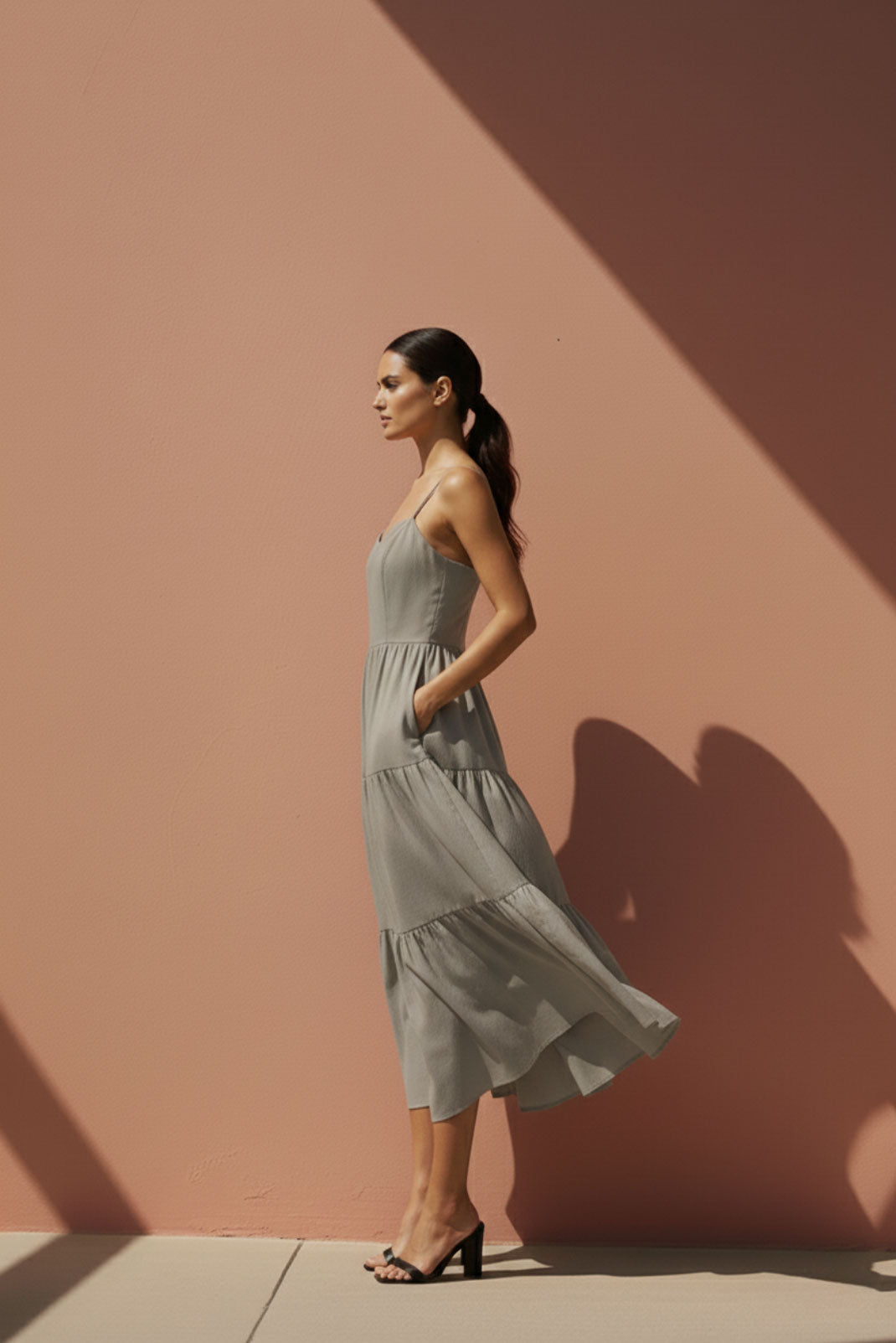 Lumen Sand Tiered Midi Dress