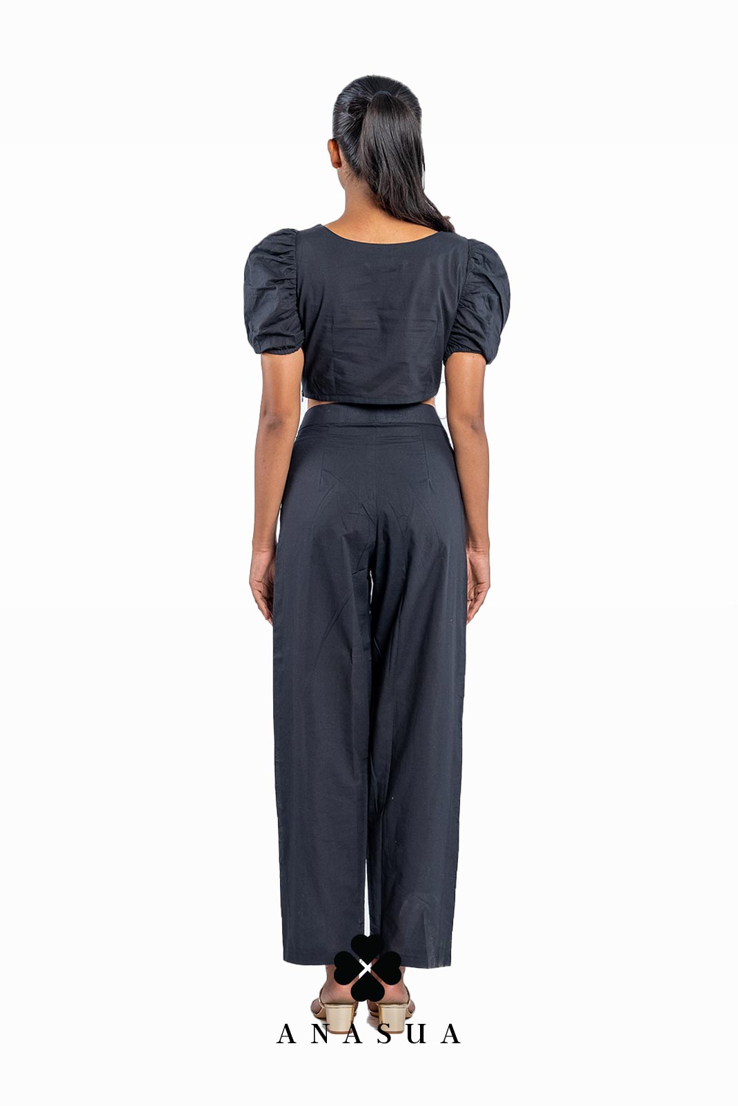 Black Puff Sleeve Crop Top & Pant Co-Ord Set | Anasua