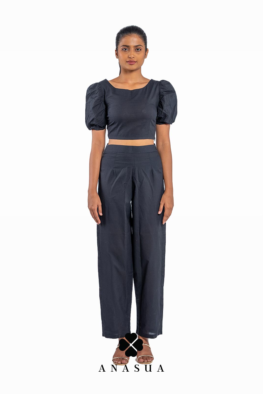 Black Puff Sleeve Crop Top & Pant Co-Ord Set | Anasua