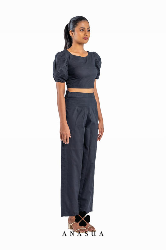 Black Puff Sleeve Crop Top & Pant Co-Ord Set | Anasua