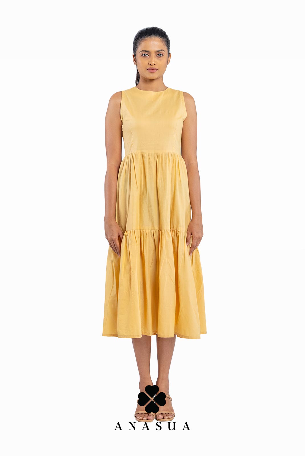 Coffee Brown Tiered Midi Sundress with Floral Print | Anasua