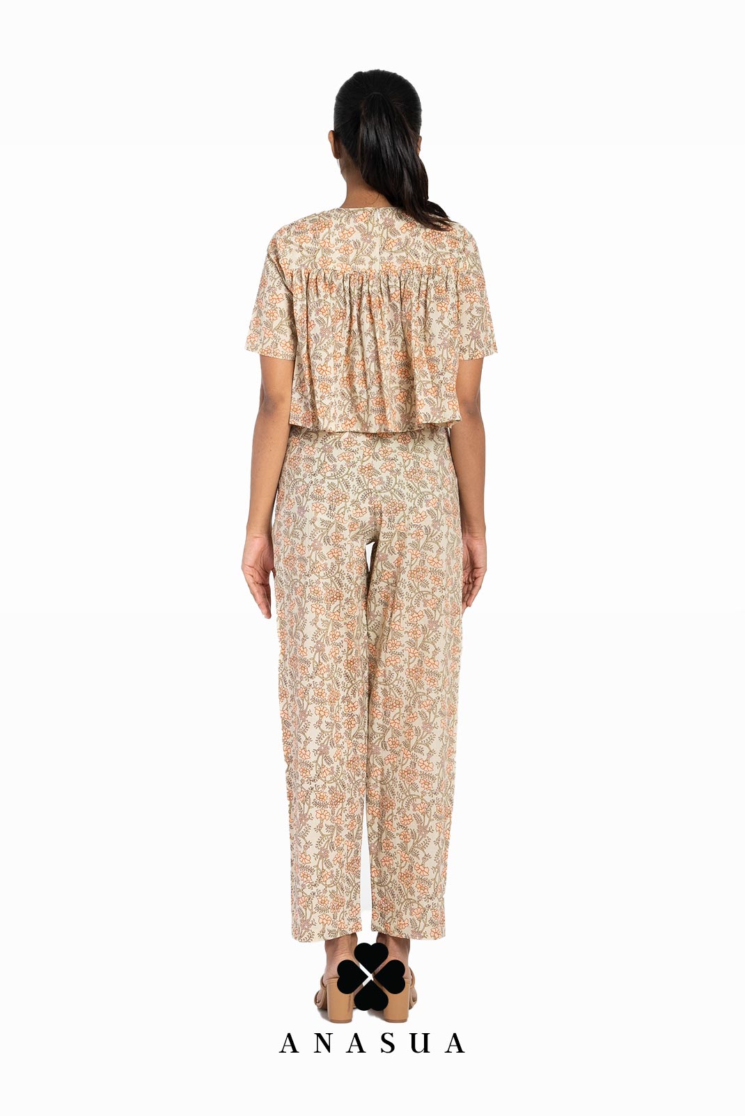 Beige Floral Flare Top & Pant Co-Ord Set | Anasua