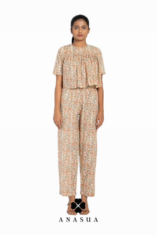 Beige Floral Flare Top & Pant Co-Ord Set | Anasua