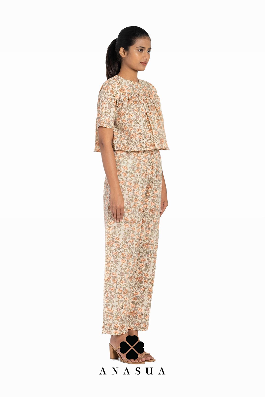 Beige Floral Flare Top & Pant Co-Ord Set | Anasua